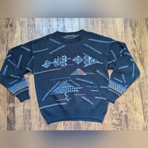 Leo Chevalier Vintage Chunky Cable Knit Geometric‎ Pattern Black Sweater Men's M